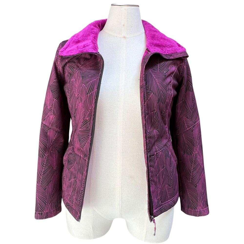Lole Women Medium Purple Leaf Print Fleece Lined Softshell Full Zip Jacket EUC